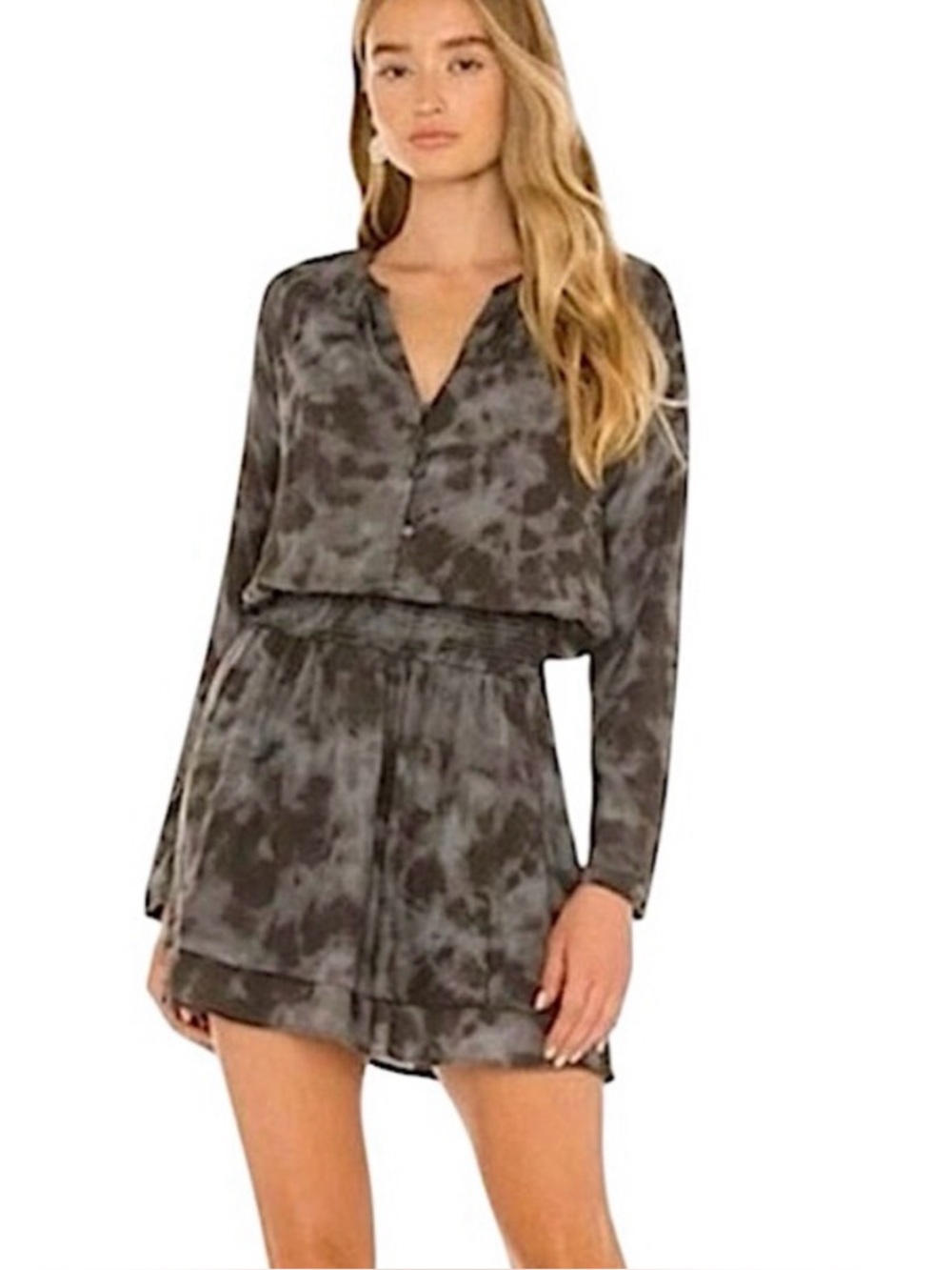 Rails Jasmine Slate Women’s tie dye Gray long sleeve ruffled dress Medium Mini